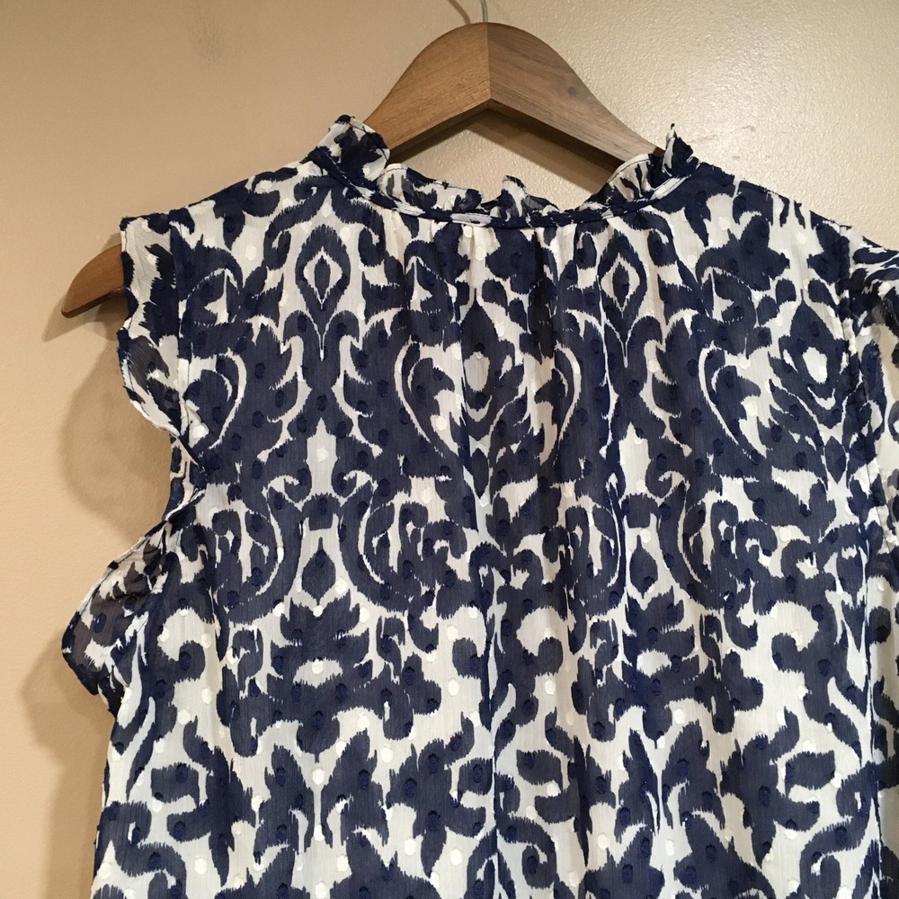 Rachel Roy Damask Blouse Womens XL Navy Blue Boho Resort Lightweight Office Work - Picture 7 of 11